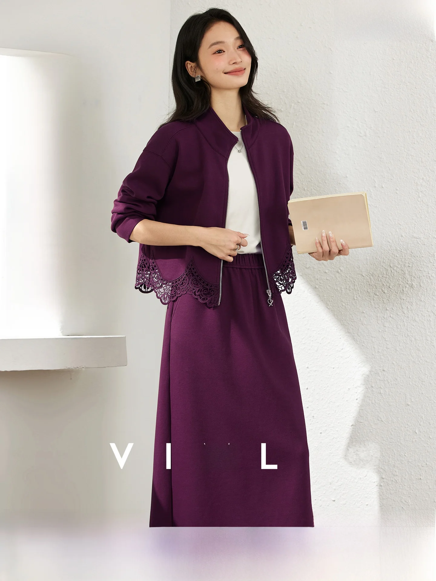 

Ele Hollow out Lace Top And Long Skirt Two Piece Set for Women Cotton Zipper Closure Faionable Decosition Sle