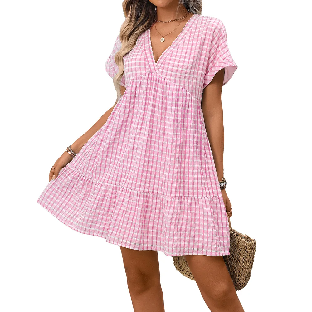 

2026 New Women's Clothing Loose Casual Elegant Short-sleeved Plaid Dress