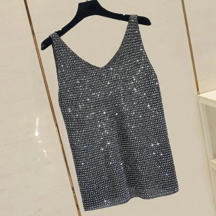 Camicia con fondo in maglia di strass senza maniche gilet di seta brillante per le donne camicetta lavorata a maglia di seta di ghiaccio con scollo