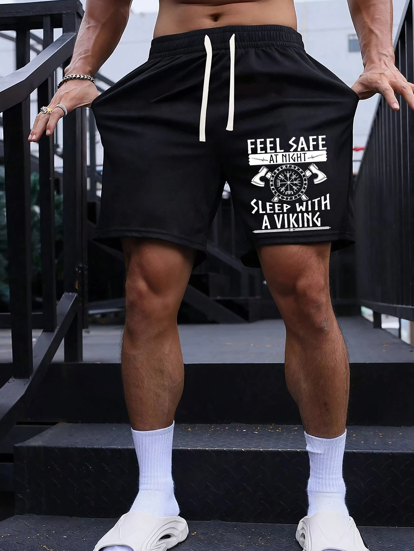 Men's Stylish and Versatile Letter Print Casual Shorts Loose Fit Elastic Waistband with Drawstring Suitable for  Everyday Wear