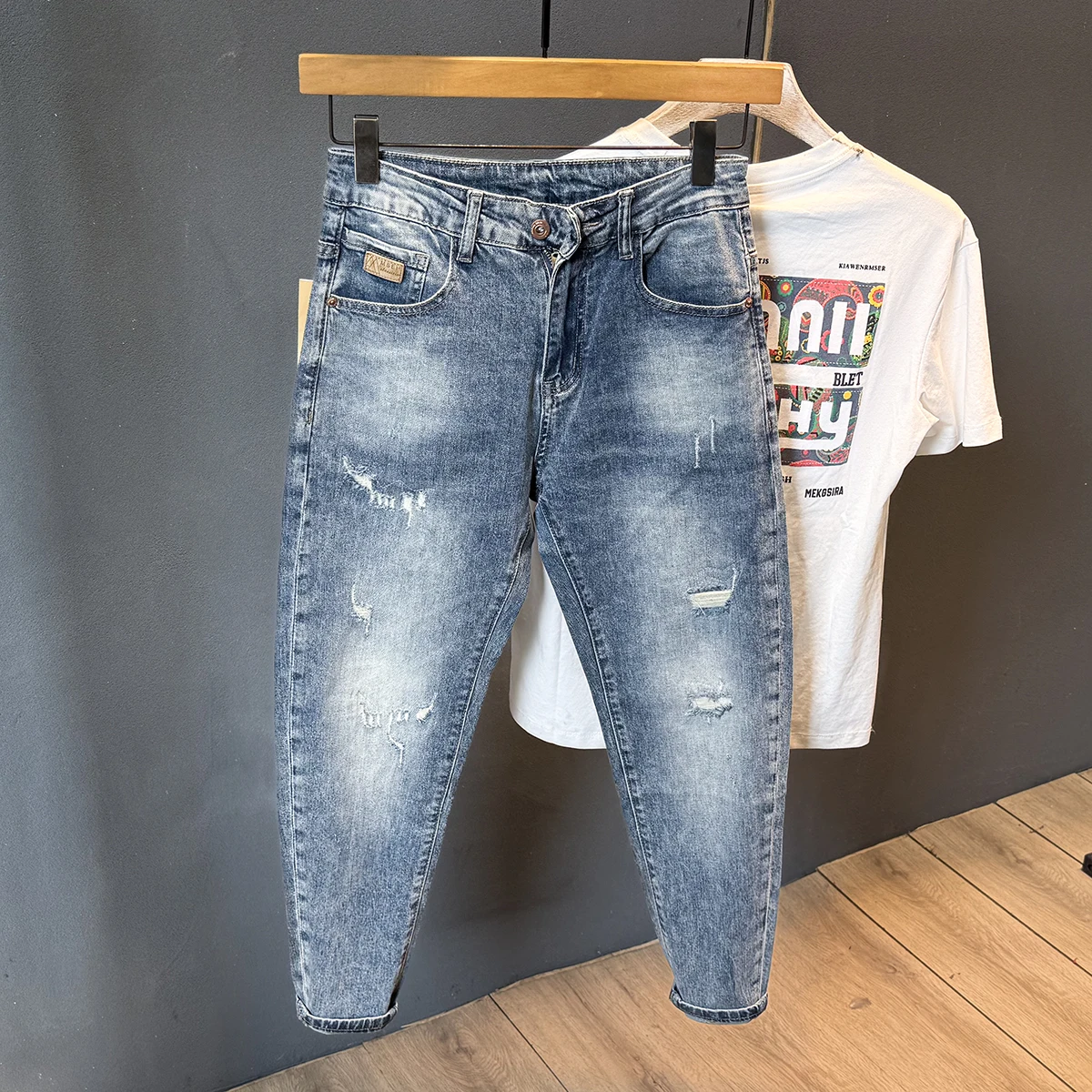 

Men's Summer Thin Jeans Embroidered Harajuku Slim Fit Nine-Piece Pants Casual Cotton Polyester Blend Elastic Waist Jeans