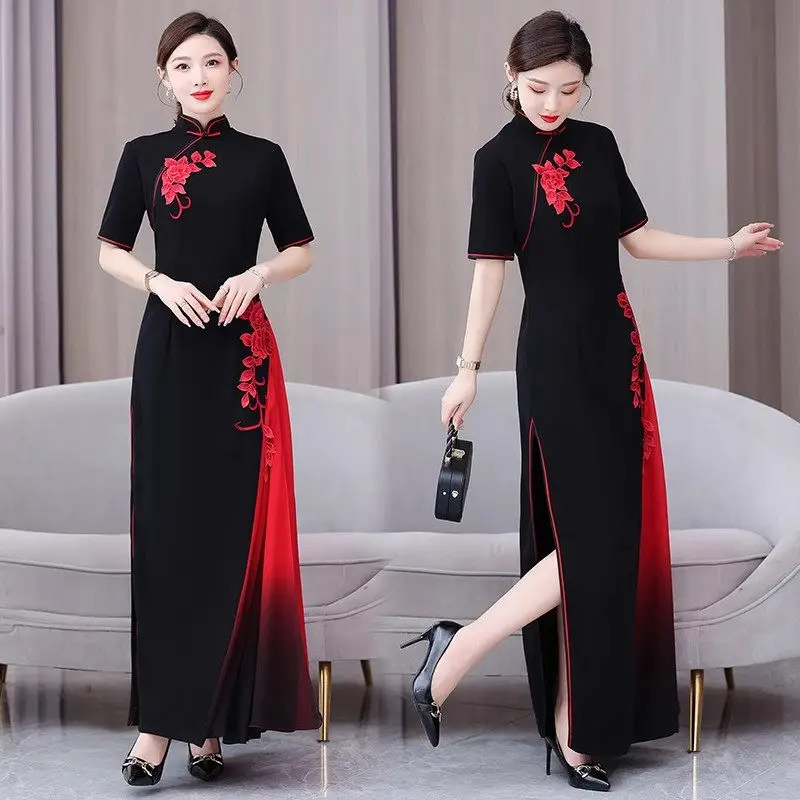 Chinese Style High-End Improved Aodai Cheongsam 2024 Summer Short Sleeve Spliced Performance Runway Dress Elegant Qipao Z4652