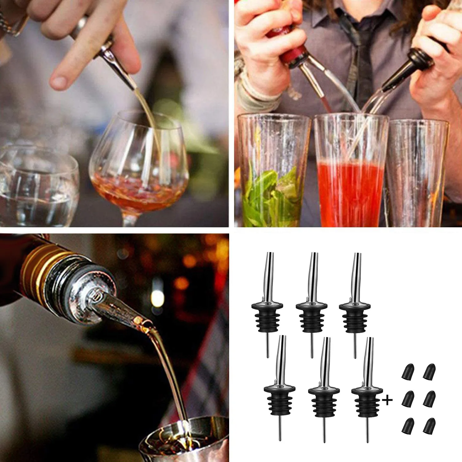 6 ชิ้นสแตนเลส Pourers, ความเร็ว Pourer, ขวดเหล้า Pourers และน้ําส้มสายชูเรียว Stopper Spout, พร้อมหมวกฝุ่นปิดผนึก