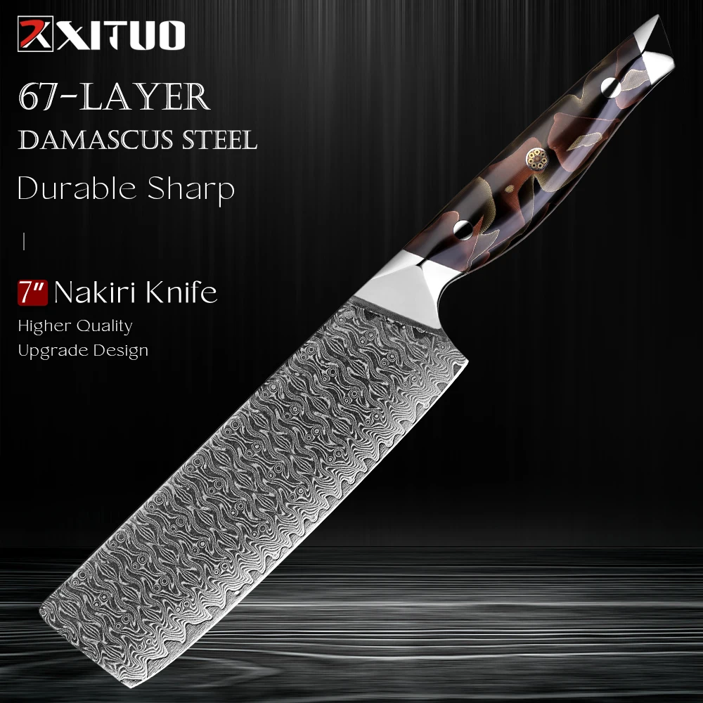 

7 Inch Nakiri Knife,Japanese Damascus Steel,Sharp Asian Kitchen Vegetable Professinal Cleaver Knife,Copper Platinum Resin Handle