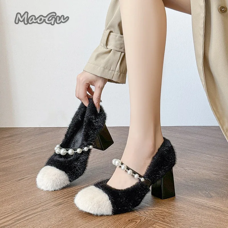 

Chunky Heel Women's Furry Shoes Slip-on Pearl Chain Heeled Office Ladies Footwear Comfortable Winter Warm Fashion Pumps Size34