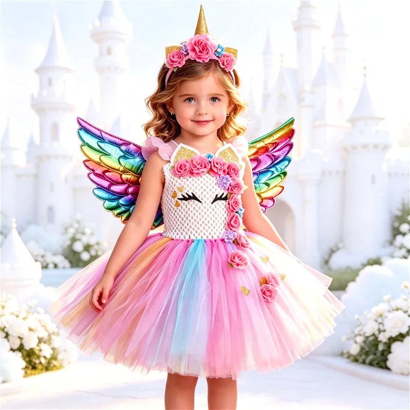 

Unicorn Flower Mesh Tutu Skirt, Children's Cartoon Rainbow Mesh Princess Dress, Birthday Party Performance Costume with Headband