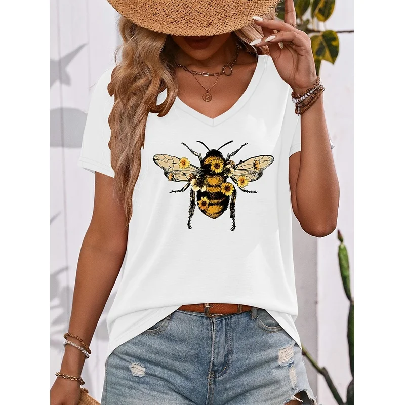 V-neck T-shirt, Vintage Natural Lively, Bumblebee and Flower Pattern Printed Colored Short-sleeve, Casual Versatile Comfortable