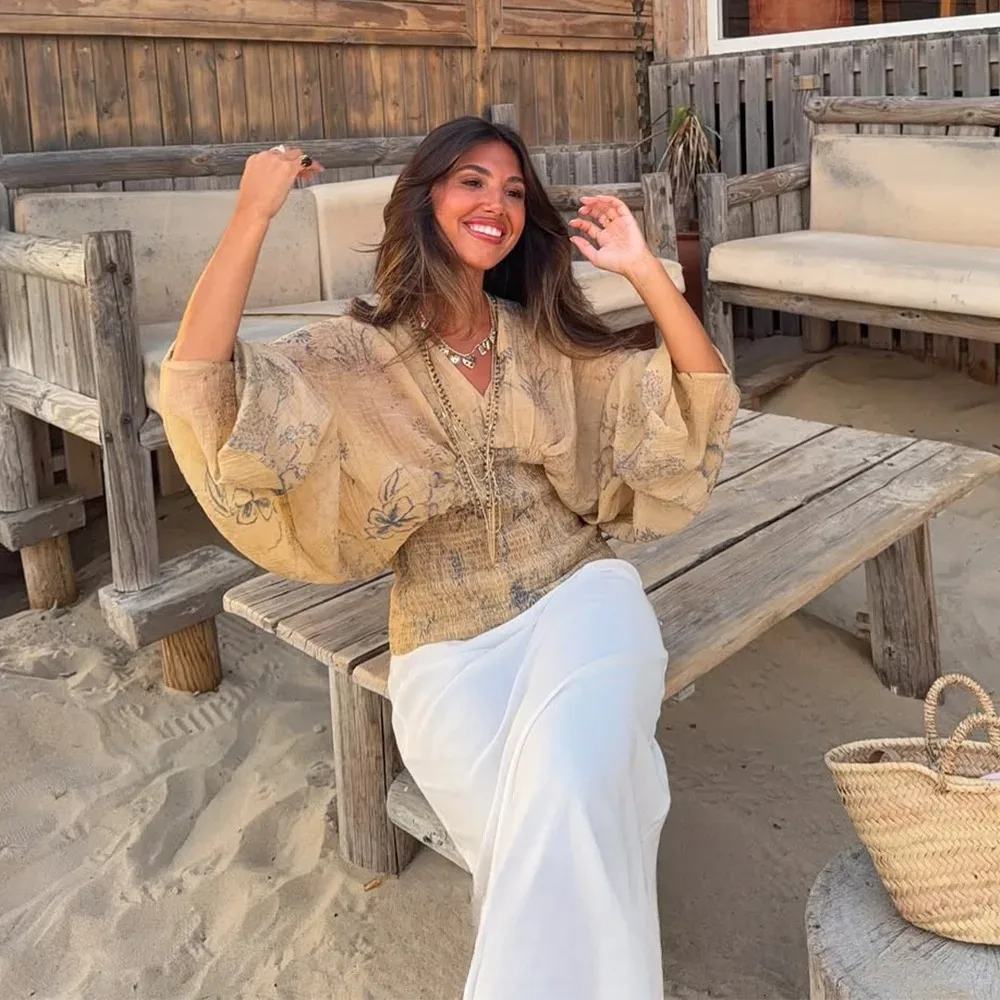 KONDALA Boho Koszule Damskie z Nadrukiem Tie Dye na Wakacje Dekolt V Długi Rękaw Elastyczne Dopasowane Bluzki Moda Jesień 2025 Impreza Top Damski