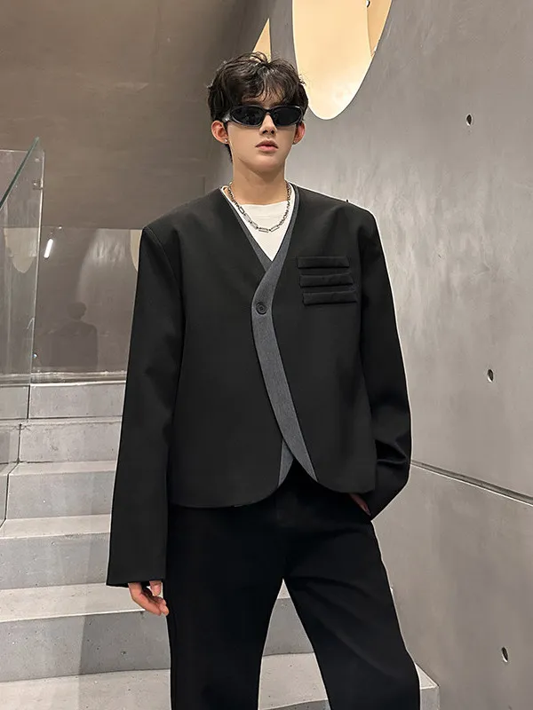 

Мужская куртка на весну-осень с лацканами, в стиле пэчворк, с одной пуговицей, с подплечниками, модная, городская, молодежная, из полиэстера...