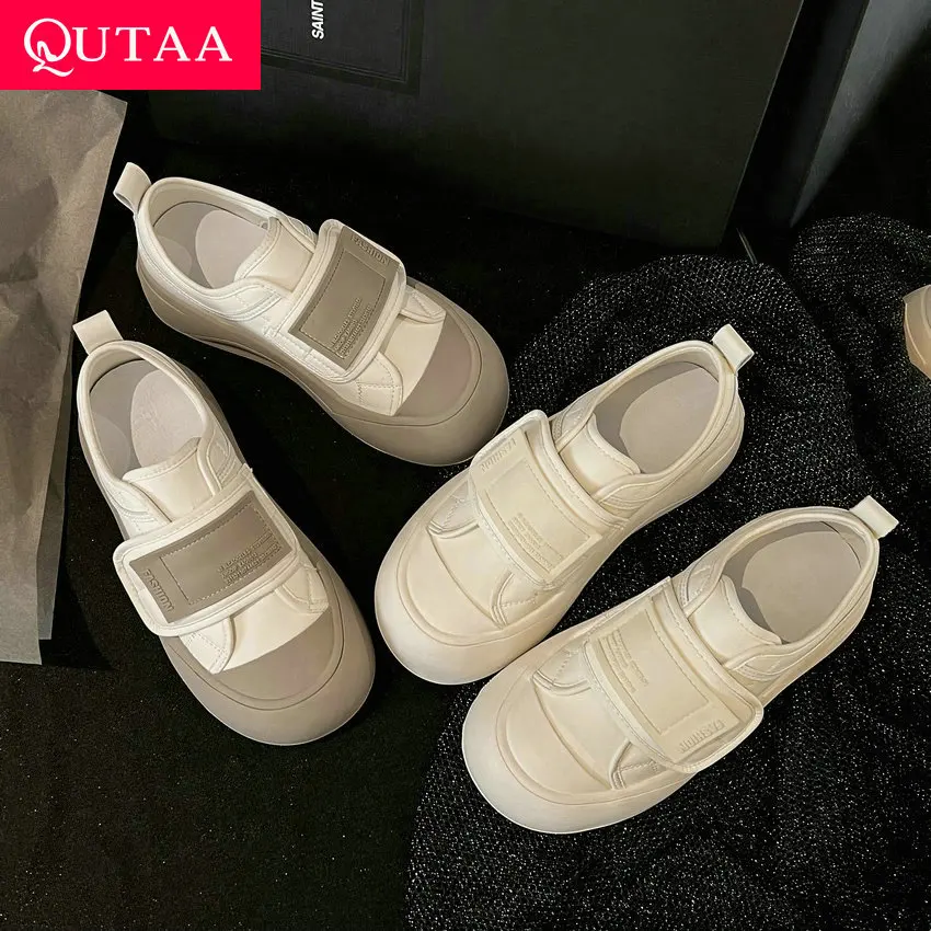 QUTAA 2024 New Women Genuine Leather Sneakers Platform Med Heel Casual Shoes Hook&Loop Round Toe Sport Shoes Woman Size 35-40