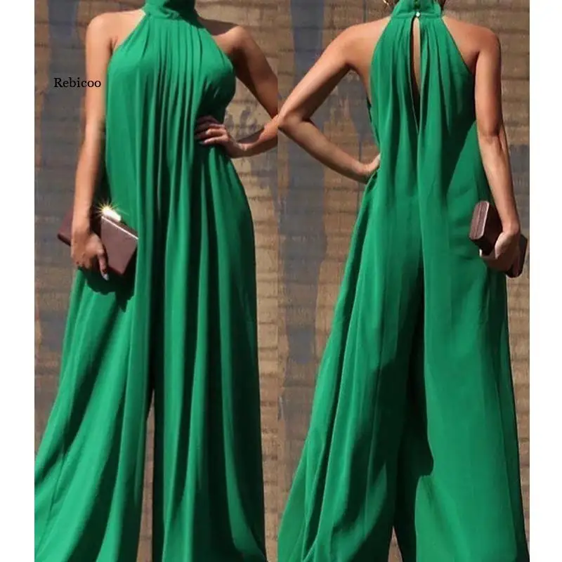 

Loose One-Piece Wide-Leg Pants Jumpsuits Women Green Jumpsuits Sleeveless High Collar Summer Sexy Loose Jumpsuits