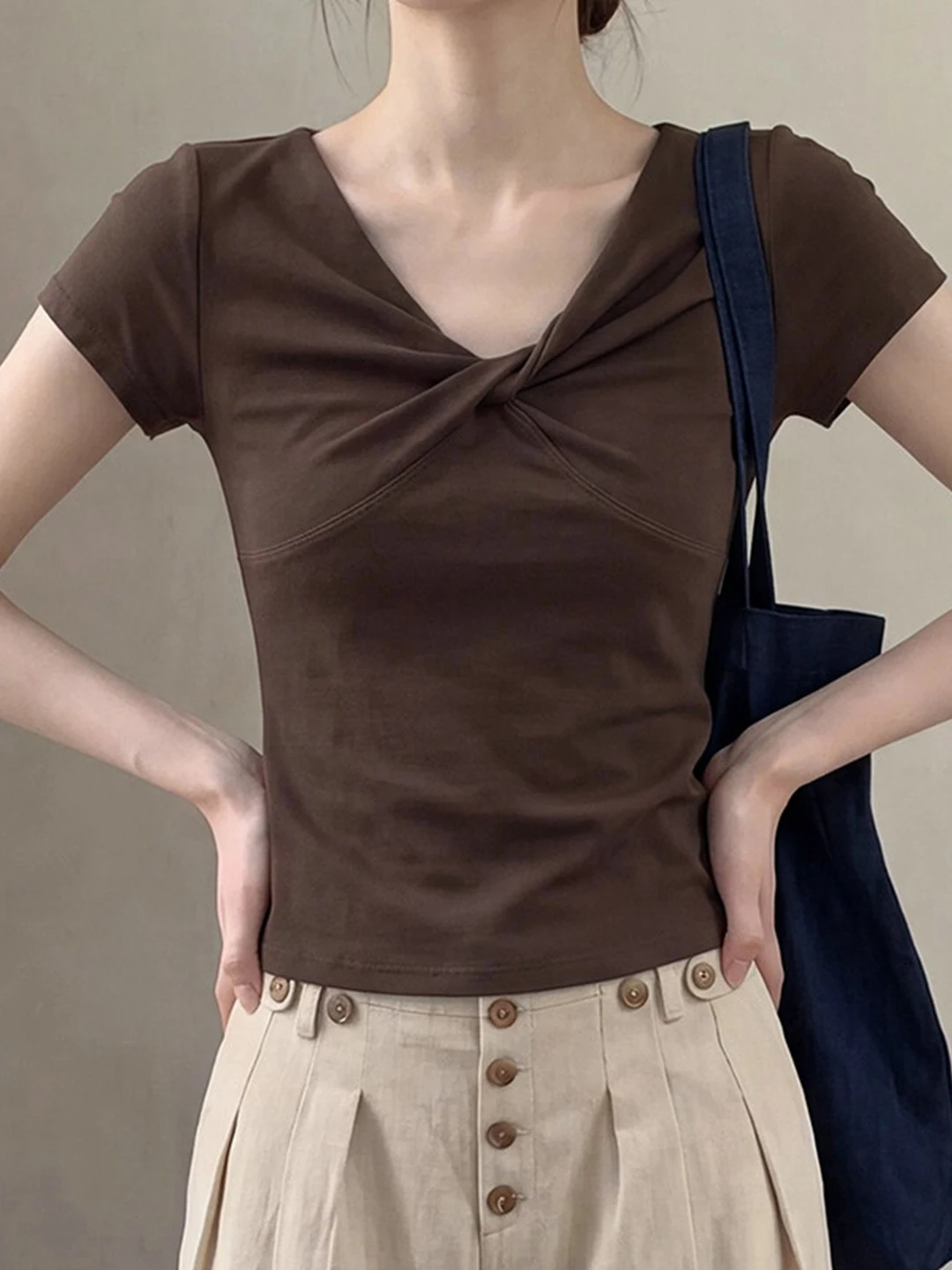Summer 2026 Women's Knot V-Neck Short Sleeve T-Shirt Slim Fit Korean Style Gentle Pleated Large Size Fashion Commute Style
