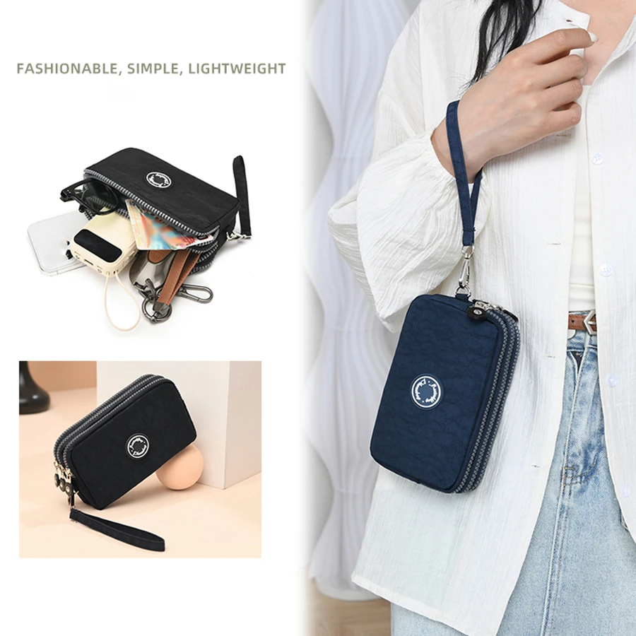 Portafoglio da donna con pochette da donna di grande capacità con tripla cerniera in tinta unita alla moda Portafoglio per telefono portamonete con cerniera popolare portatile da viaggio