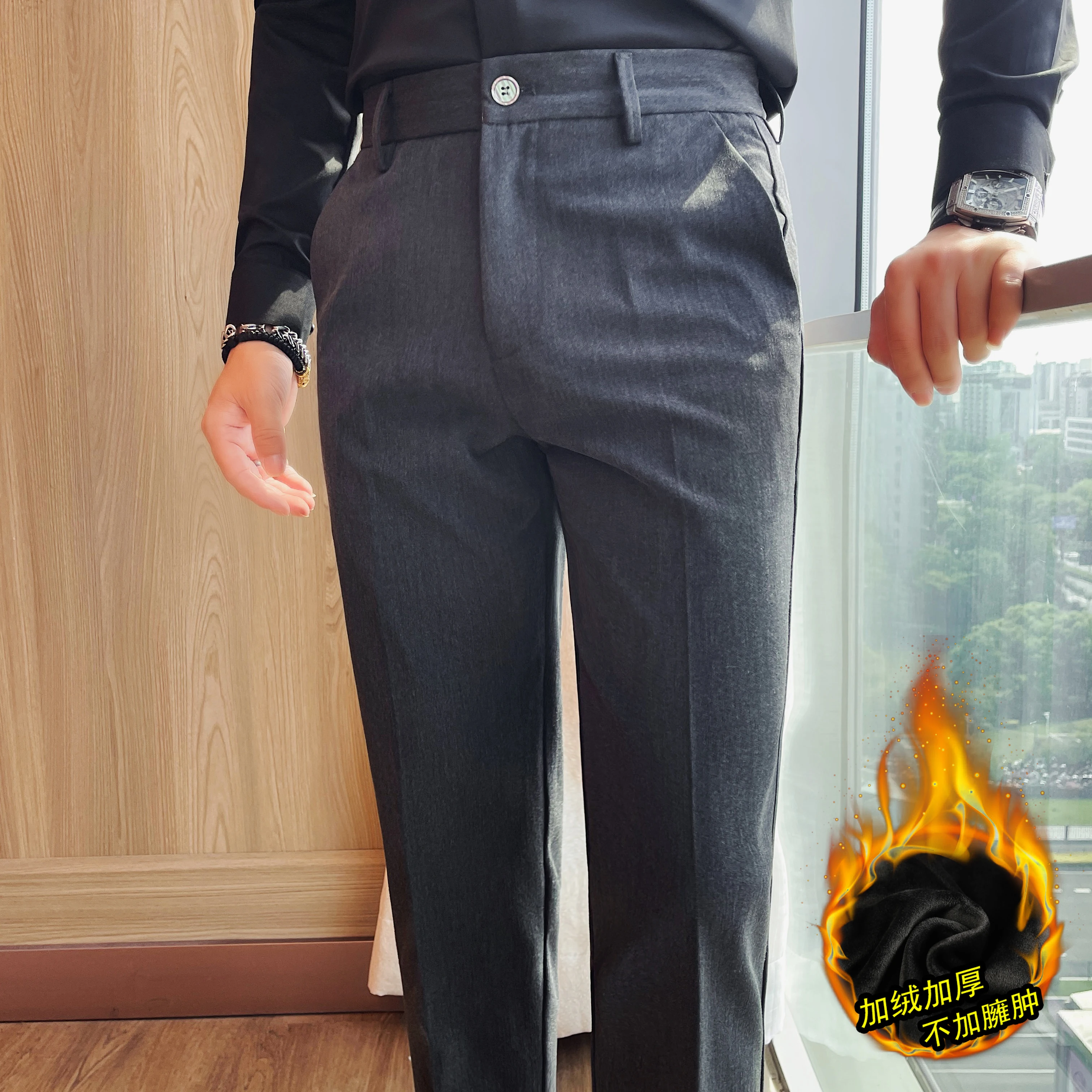 

Однотонные костюмные брюки, мужские осенне-зимние деловые повседневные плюшевые теплые брюки, облегающие офисные брюки, мужская одежда 2025