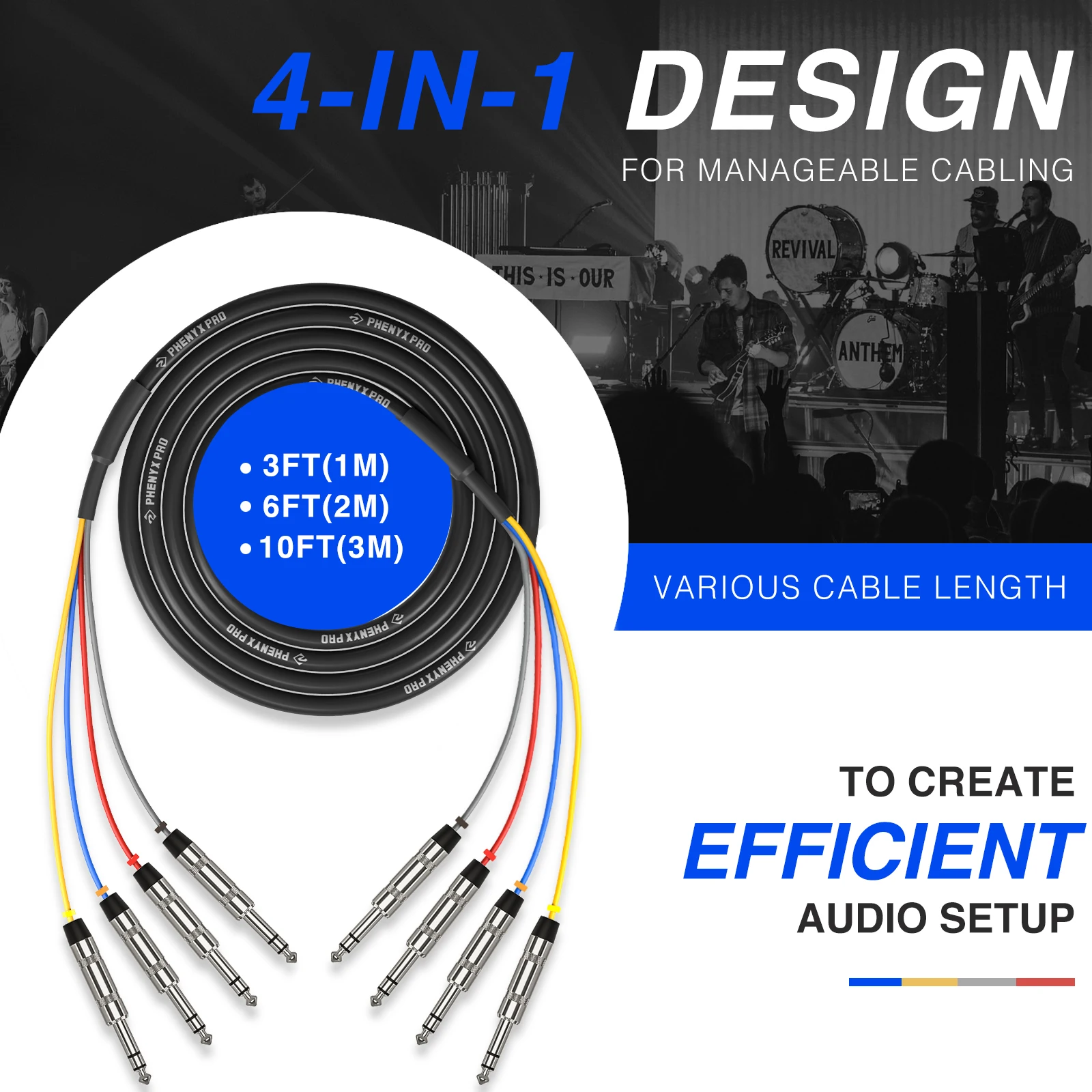 6-футовый кабель TRS Snake, кабель Phenyx Pro 1/4 дюйма, патч-провод TRS с цветовой кодировкой, 4-канальный аудиокабель с медью OFC 24 AWG, сбалансированный 1/4-