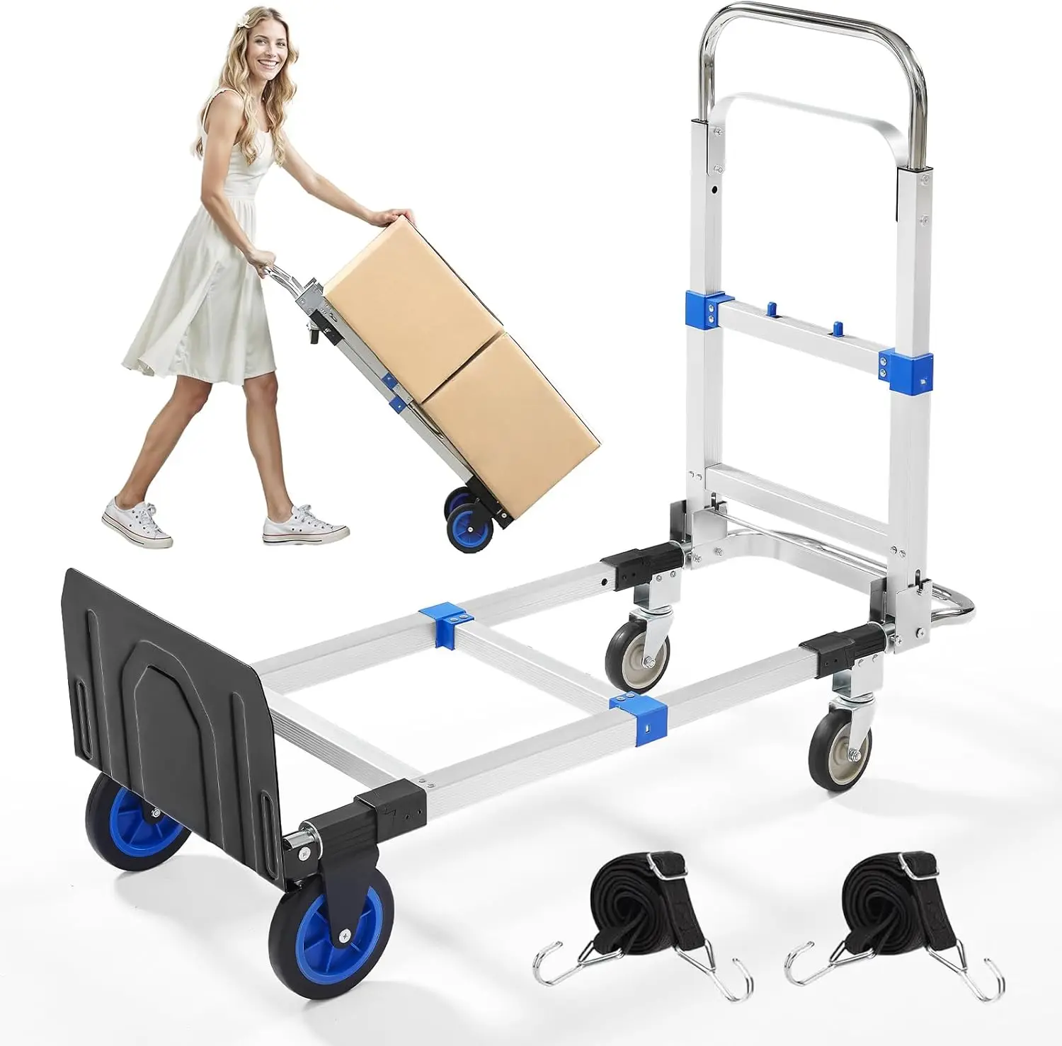 

3-in-1 Aluminum Folding Hand Truck with Wheels, 600 Lbs Capacity, Collapsible for Home Office Camping