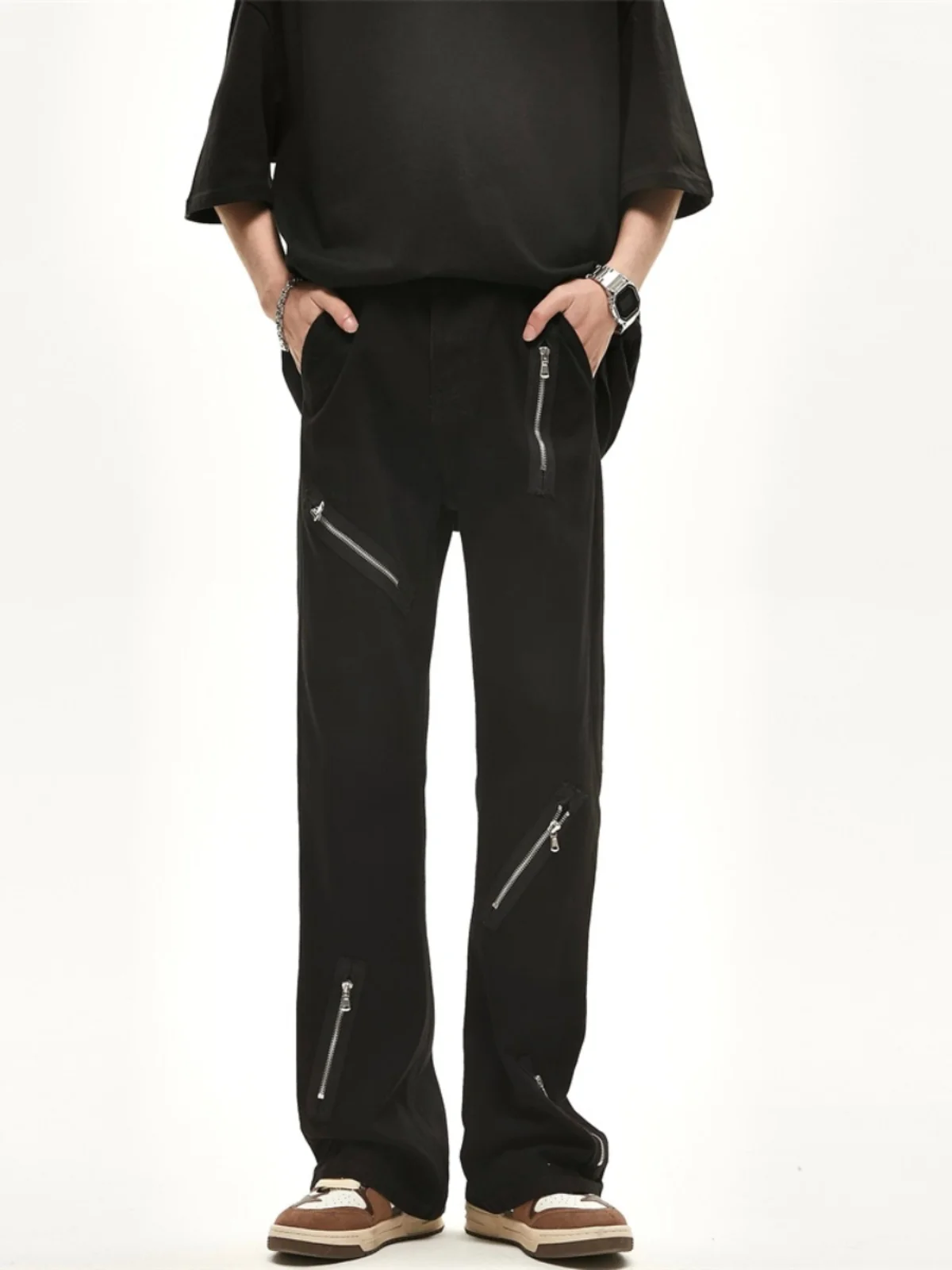 

Мужские повседневные джинсы прямого кроя в американском уличном стиле, осенние, свободного кроя, с молнией, модные длинные брюки для уличного стиля