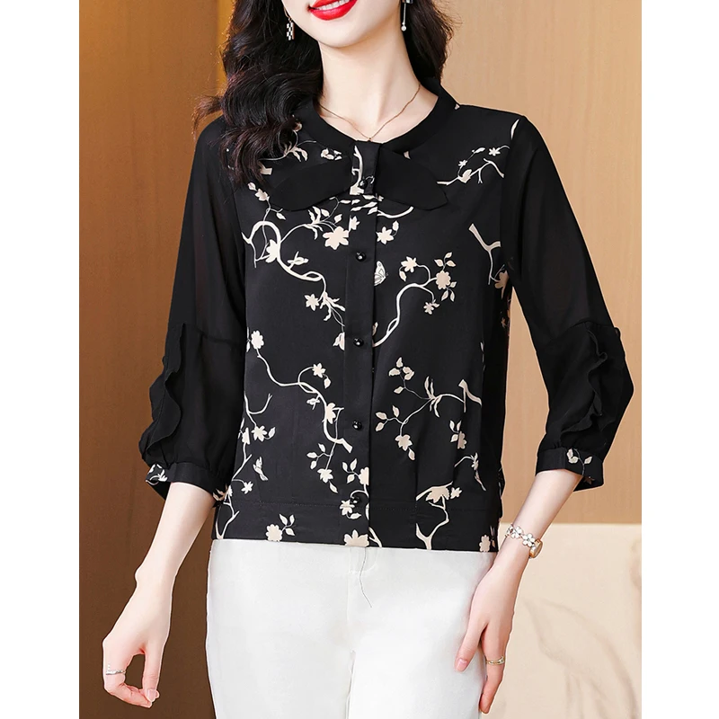 Women\'s Korean Fashion Print Ruffle Bow Elegant Blouse Office Lady Casual Chic Chiffon Shirt Spring Summer 3/4 Sleeve Slim Tops