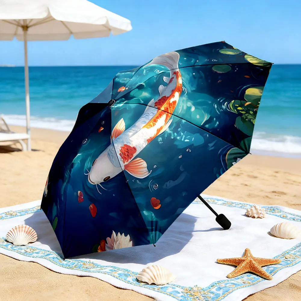 1PC Koi Fish Design Umbrella Over Serene Lakeside Scene Print 8 Iron Ribs Folding Umbrella Auto-Open Fashion Sunshade