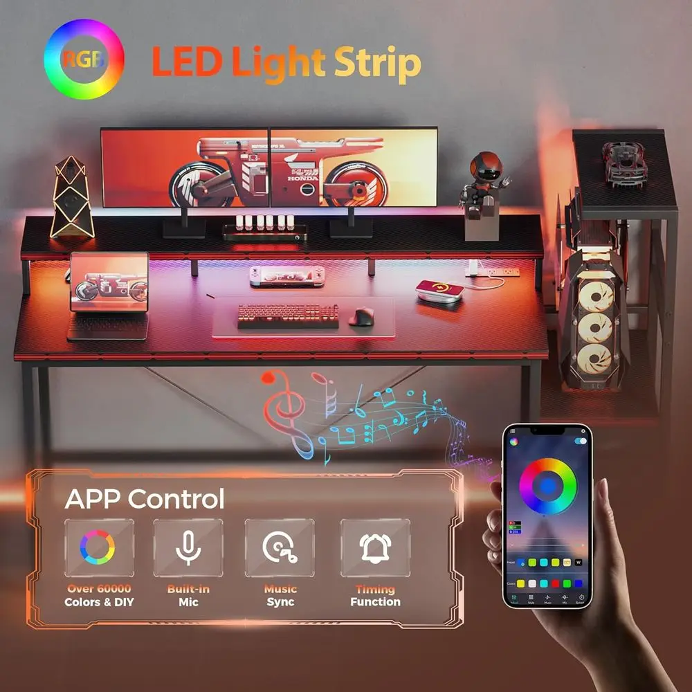 60 Reversible Gaming Desk with LED Lights, Storage, and Power Outlets