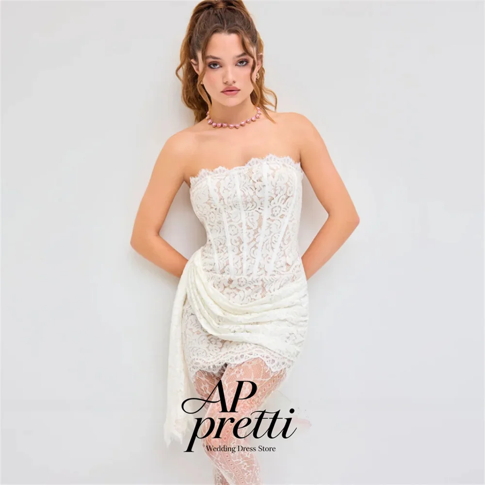 AP pretti 2026 Customized Chic Lace Strapless Short Wedding Dresses For Woman Draped Sash Bridal Gown Wedding Party Dress