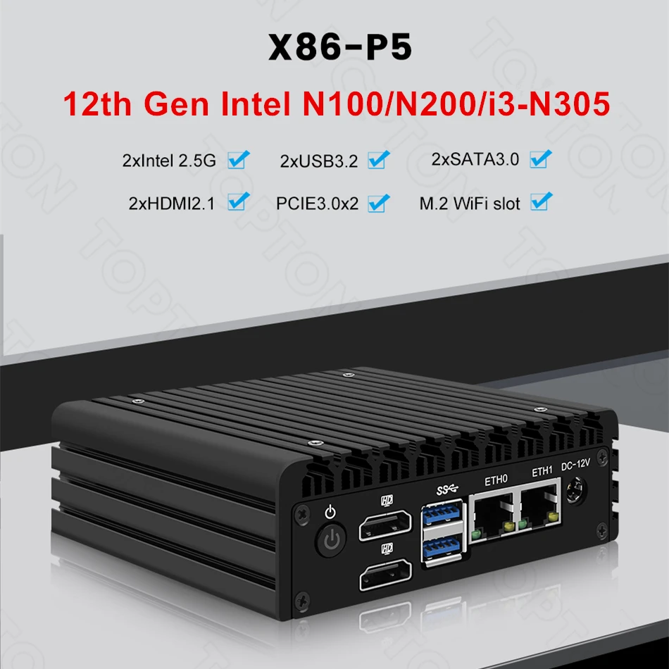Topton-Mini PC Proxmoxサーバー,p5 12世代,マイクロファイアウォールコンピューター,intel i3,n355,n305,n150,n100,ddr5,2xi226-v,2.5g lan