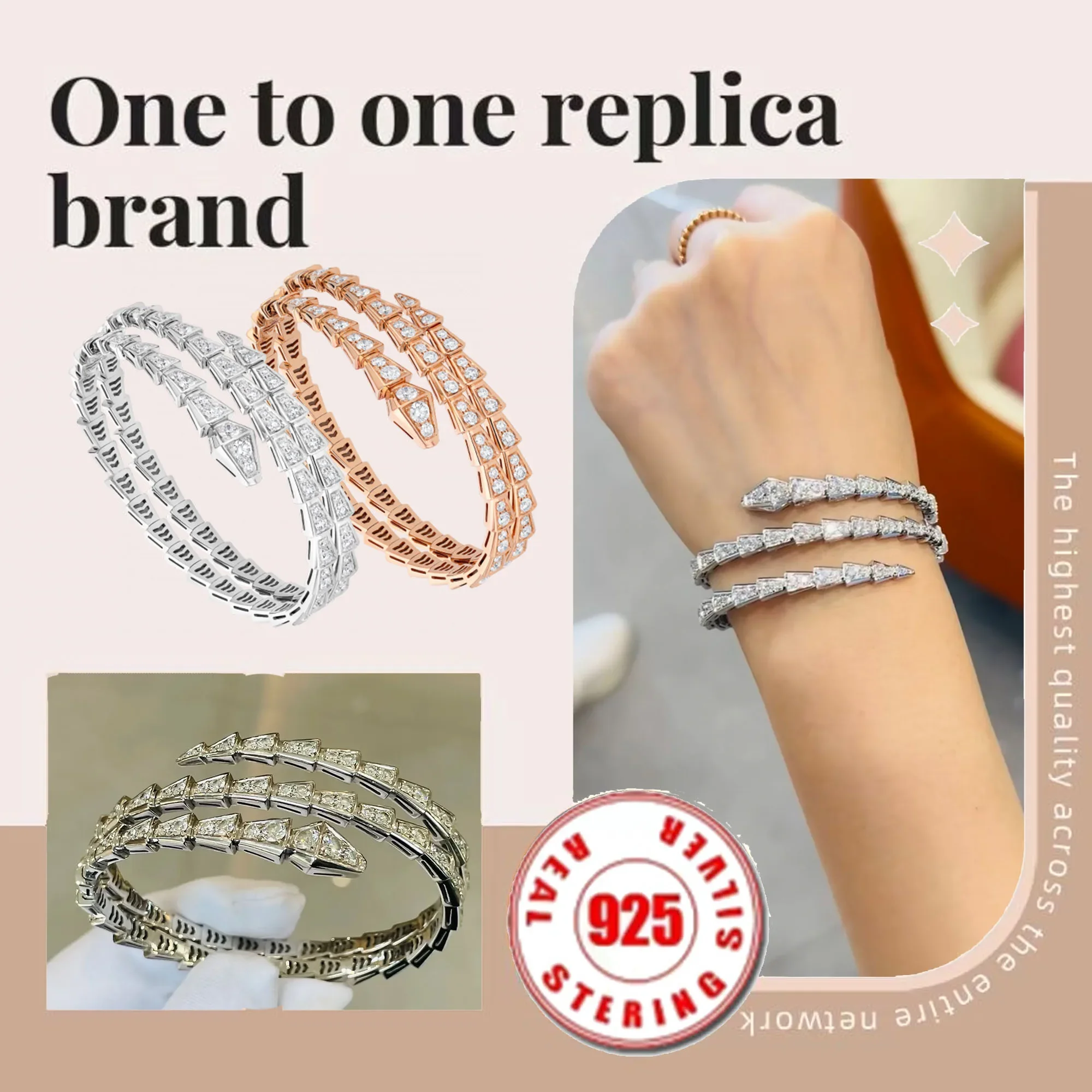 Pure silver s925 exaggerates European and American full diamond luxury three-layer snake bone heavyweight dinner party bracelet