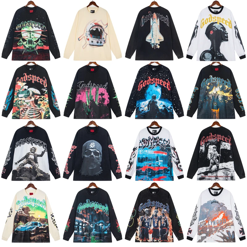 

Men's High Street Trend GOD SPEED T-shirt Tops Retro Fashion Print Cotton Tees Pullover Hip Hop Godspeed Long Sleeve
