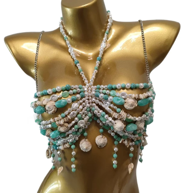 European Hand-woven Beaded Resin Shell Stone Bra Chain for Women Beach Bikini Crop Tops Halter Camis Pearls Breast Body Jewelry