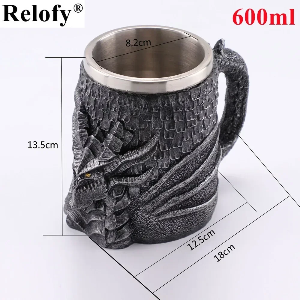 Medieval Dragon Resin Stainless Steel Beer Mug Retro Tankard Skull Coffee Cup Tea Mug Tumbler Bar Decor Drop Shipping，450/600ml