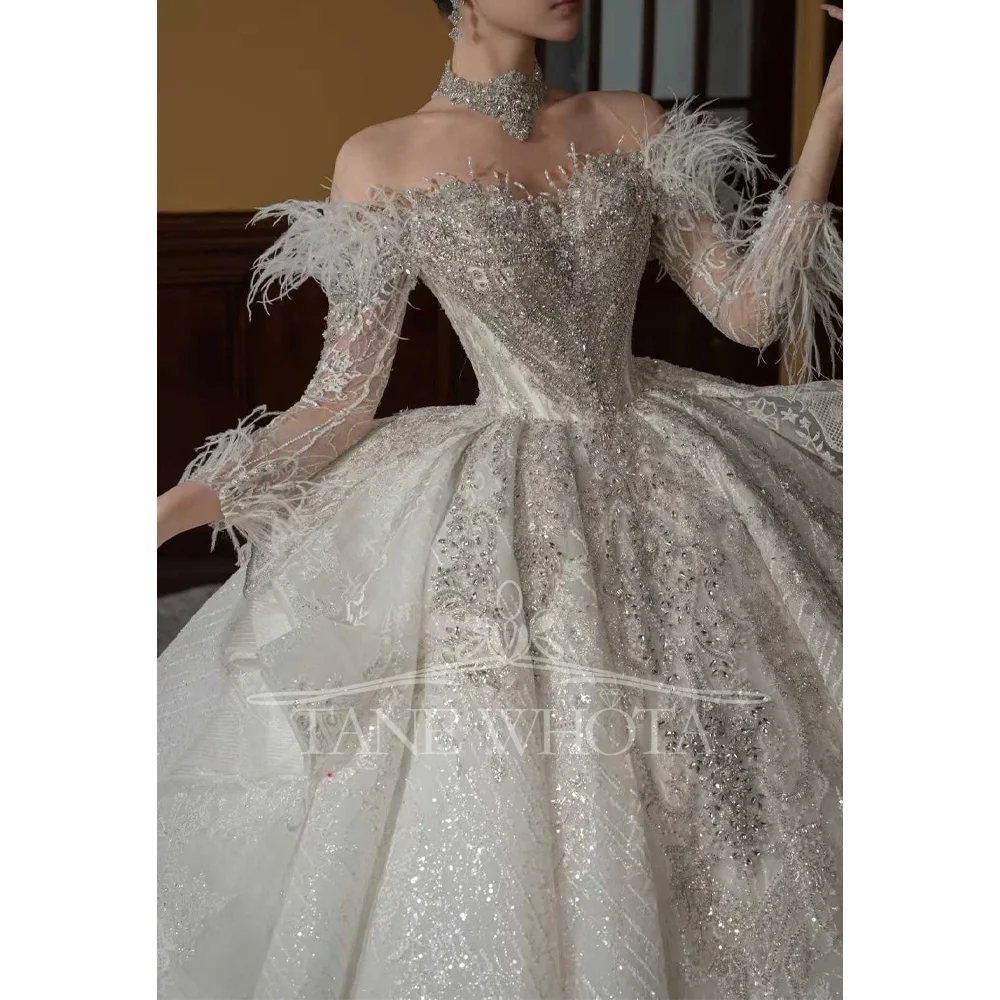 Luxury Bridal Sweetheart Wedding Dress With Three Quarter Sleeves Beaded Sequined Crystal Feathers Customized