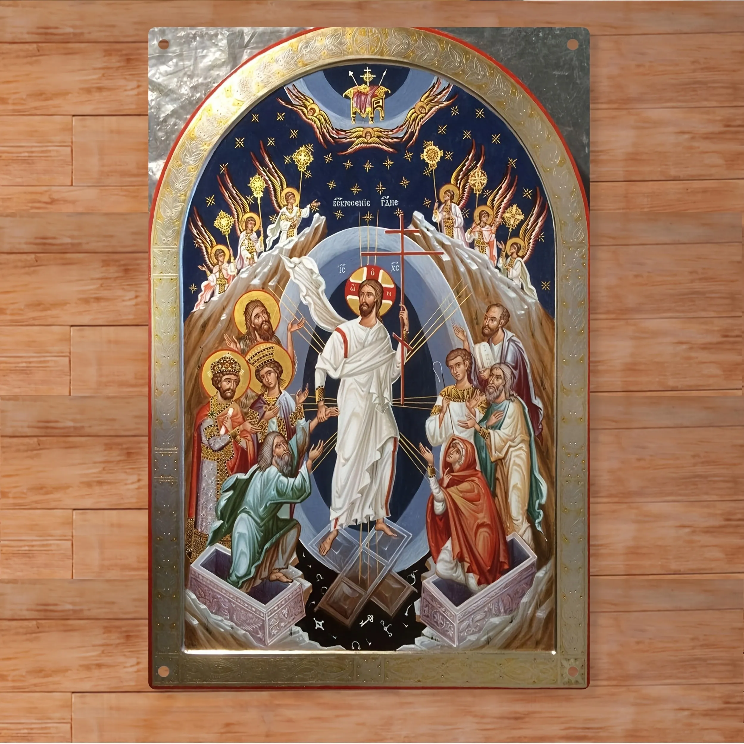 Plaque Métallique 2D, Art Mural Orthodoxe Byzantin en Fer – Plaque Métallique Religieuse de la Résurrection de Jésus-Christ avec Anges et Saints, 12x8