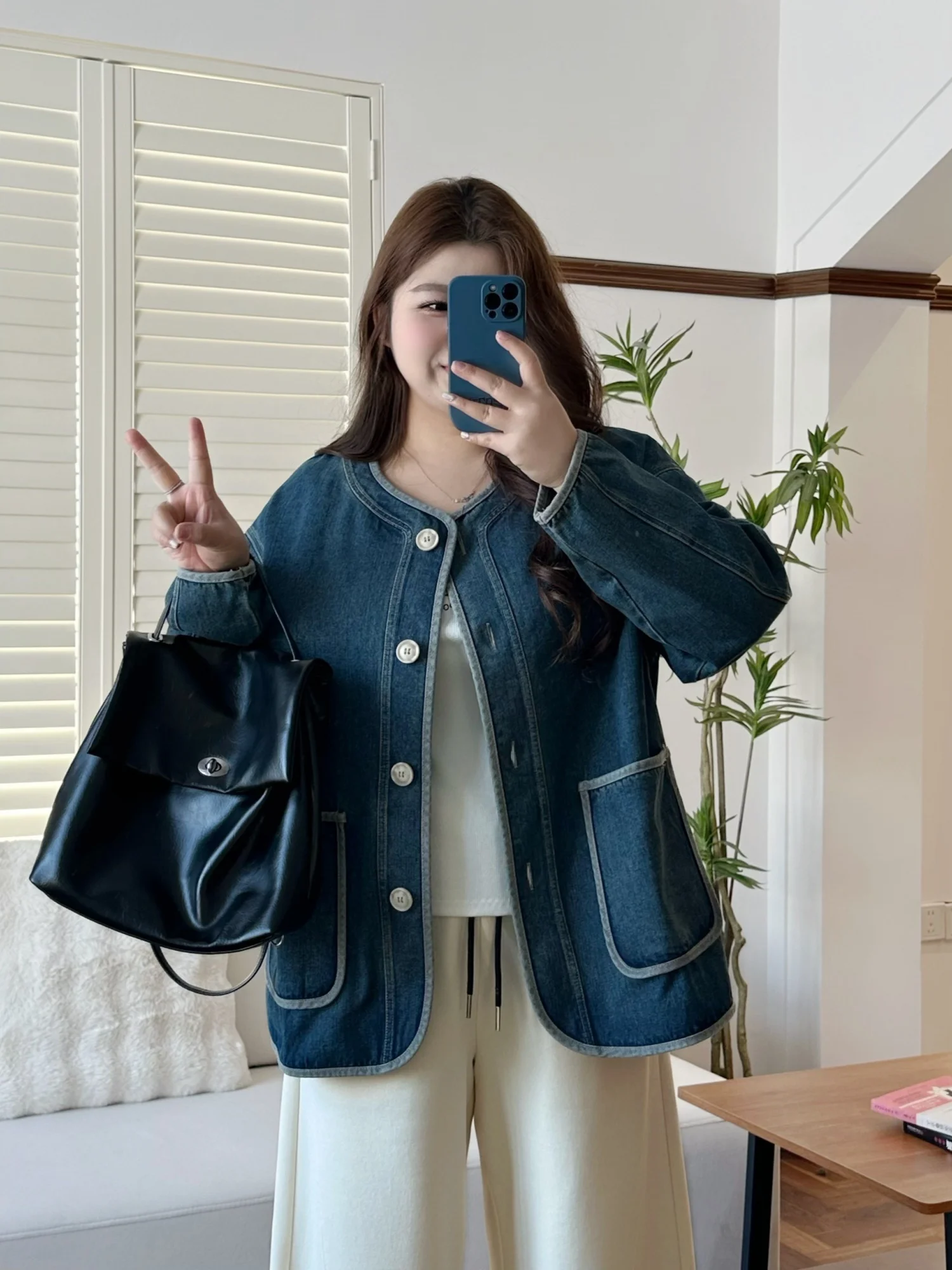 

Модная женская джинсовая куртка большого размера в стиле ретро с круглым вырезом, весенняя новинка, из смесового хлопка и полиэстера, повседневная, прямого кроя