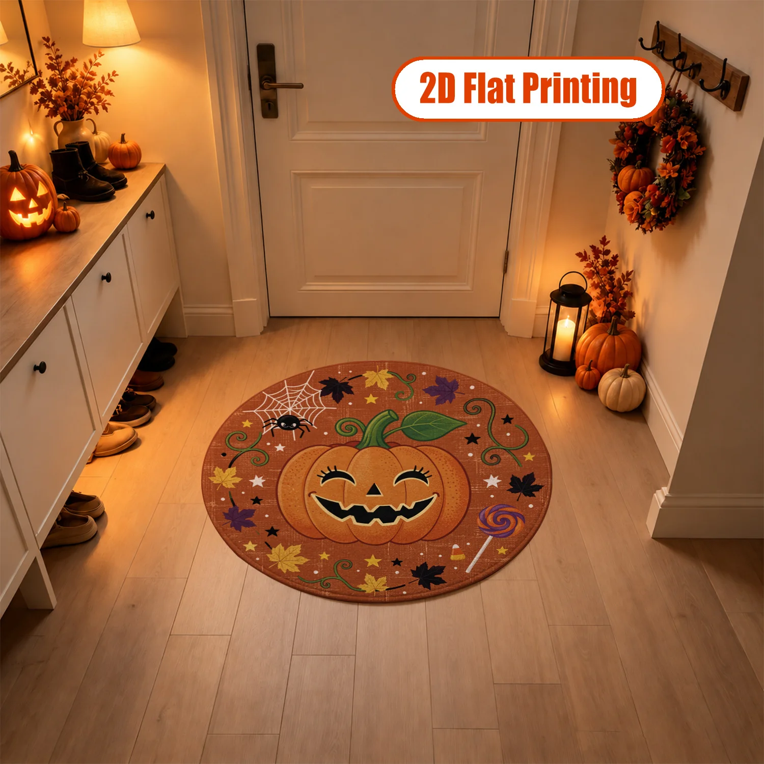 Jack-o'-Lantern Spider Web Candy Design Round Velvet Rug, Machine Washable Soft Decorative Mat for Entryway, Living Room, Dining Space, Ideal for Halloween, Thanksgiving, Christmas, New Year, Black Friday
