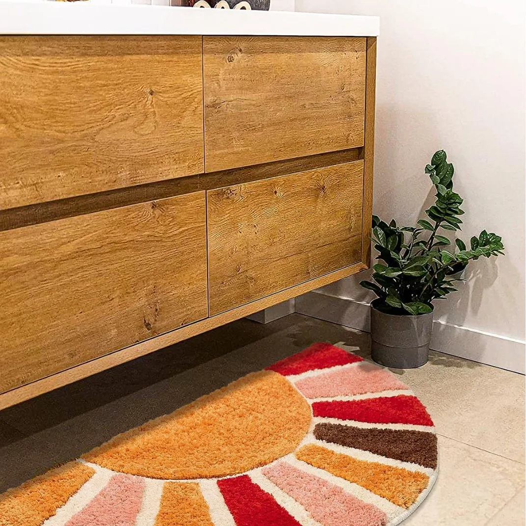 Boho Sunrise Semi-Circle Bathroom Mat Colorful Sun Design Retro Bohemian Decorative Floor Rug for Bathroom 40x76cm