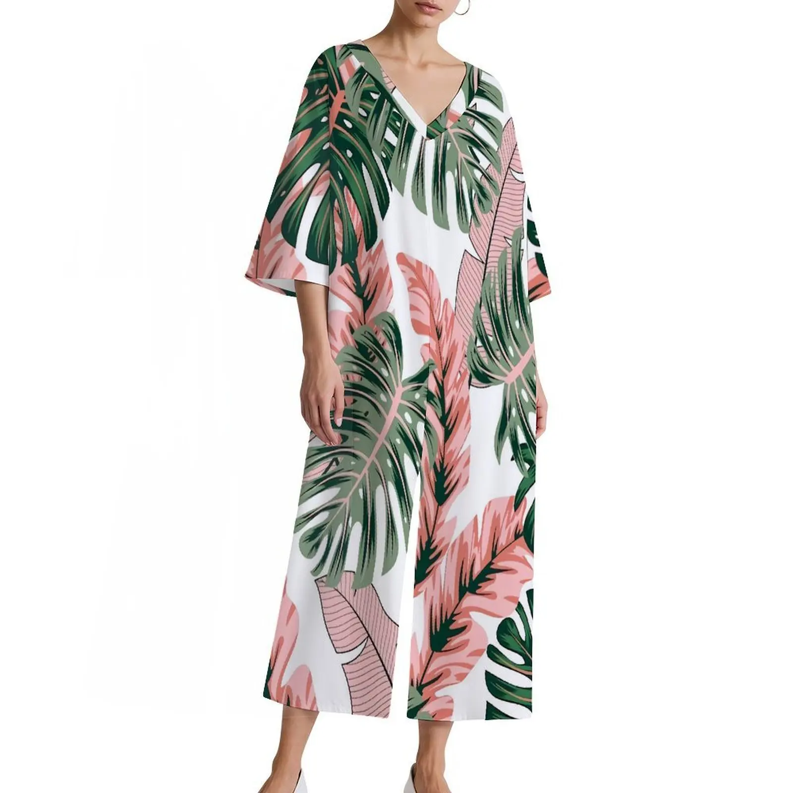 

Customized Polynesian Samoan Island High-Definition 3d Printed Women'S V-Neck Short-Sleeved Jumpsuit Casual Home Wide-Leg Pants