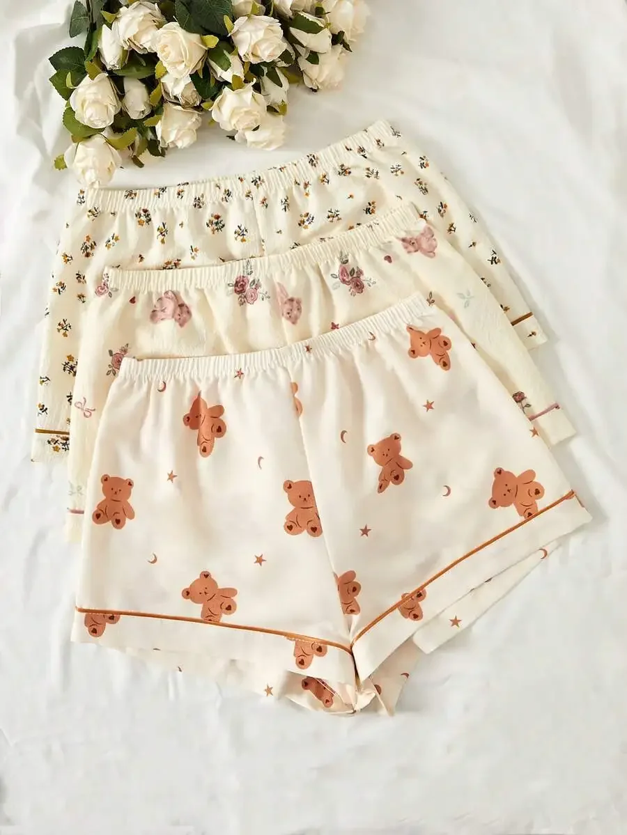 

3-Pack Creamy Beige Sleep Shorts With Teddy Bear And Floral Print, Elastic Waist, Soft Pajama Bottoms For Adults