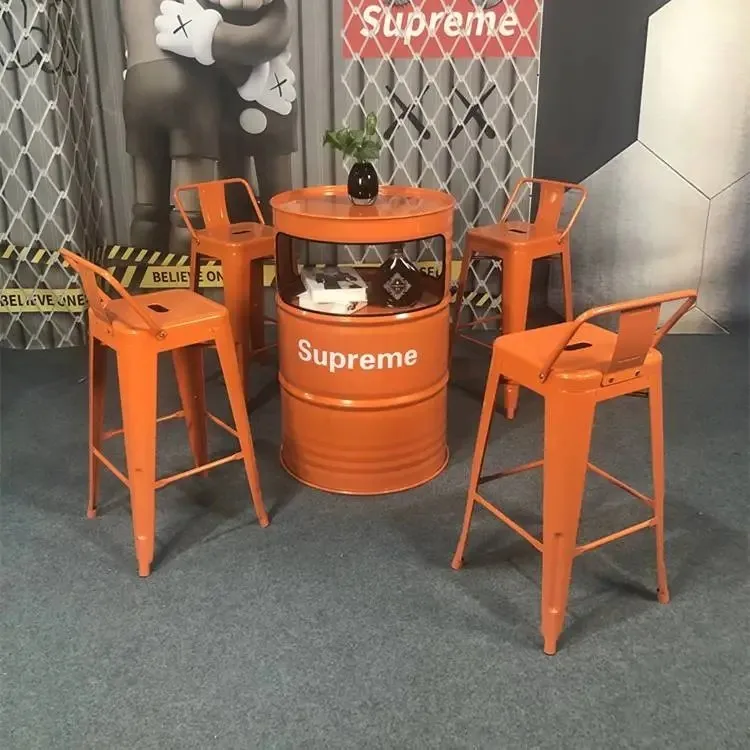 ！@Industrial Retro Metal Bar Table and Chair Set Creative Iron Oil Barrel Design for KTV Milk Tea Barbecue Shops