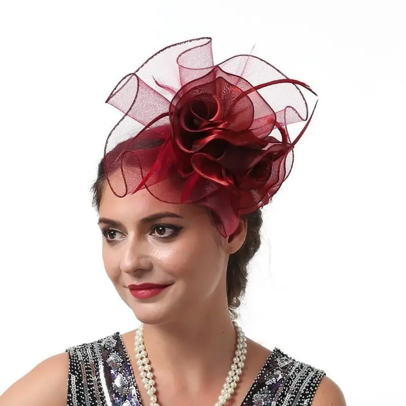 

39BD 1920s Fascinator Hat Headpiece for Party Wedding Women Feathered Mesh Flower Fascinator Hair Pin Big Flower Church Caps