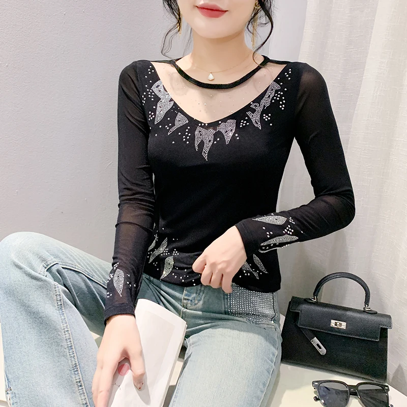 #7479 Black Split Joint Long Sleeve T Shirt Women Diamonds Sexy Skinny T-shirt Female Stretch Cotton Hollow Out Spring Summer