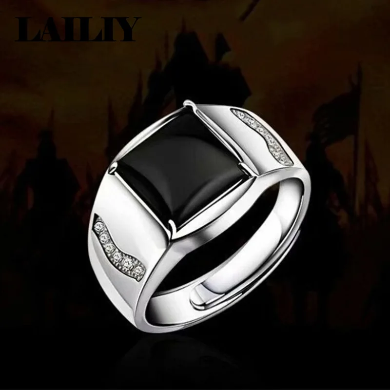 LAILIY 925 Sterling Silver Hot Selling Gift Four Prong Black Gemstone Adjustable Ring For Men Fashion Jewelry