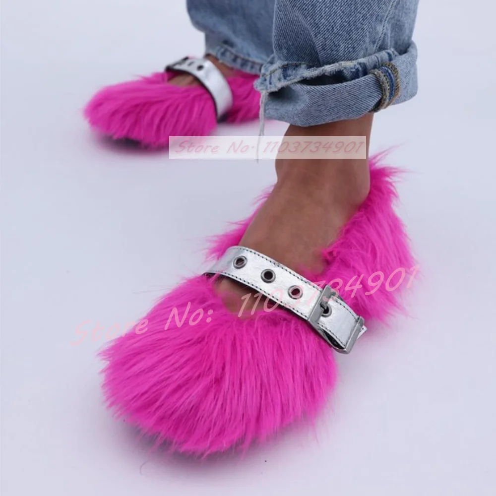 Rose Red Furry Buckle Strap Flat Shoes Women Casual Round Toe Solid Shoes Ladies Slouchy Elegant Casual Nifty Big Size Shoes