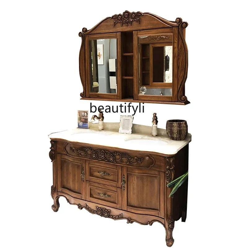 

High-end red oak European double basin bathroom cabinet custom washbasin cabinet combination mirror cabinet