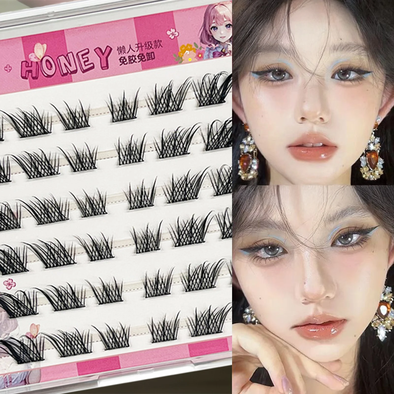 중국 스타일 폭스-페이크 속눈썹 접착제 없음 11-15mm 혼합 길이 C 컬 블랙 페이크 속눈썹 0.05mm 윙드 팬닝 섹시 속눈썹