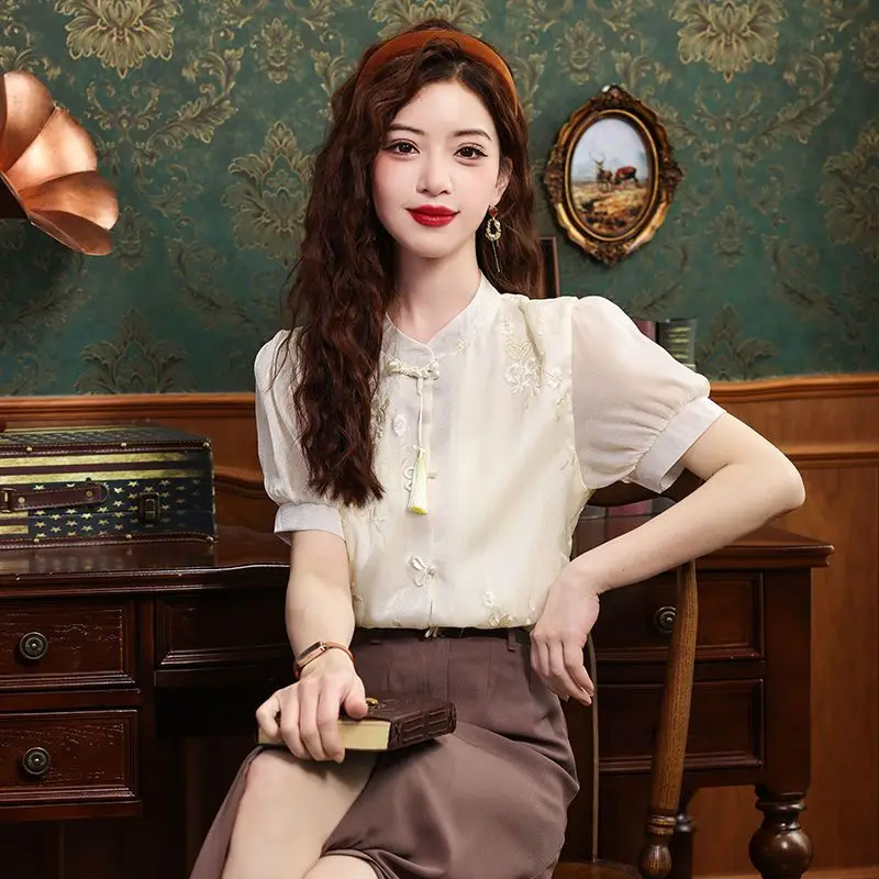 

New Chinese Style Light Chinese Style Improved Retro Stand Collar Button Top Embroidered Shirt for Women Short Sleeved High End