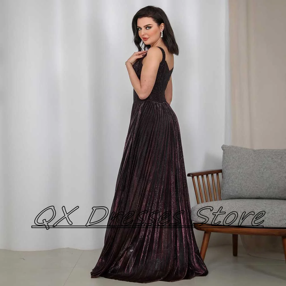 Customized Exquisite A-line Prom Gown Deep V-neck Pleated Backless High Slit Saudi Arabian Women\'s Fashion Zipper Sweep Train Ev