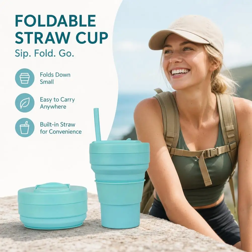 Collapsible Silicone Coffee Cup with Straw Lid 12oz Folding Water Mug Portable Drinkware for Traveling Picnic Camping Hiking