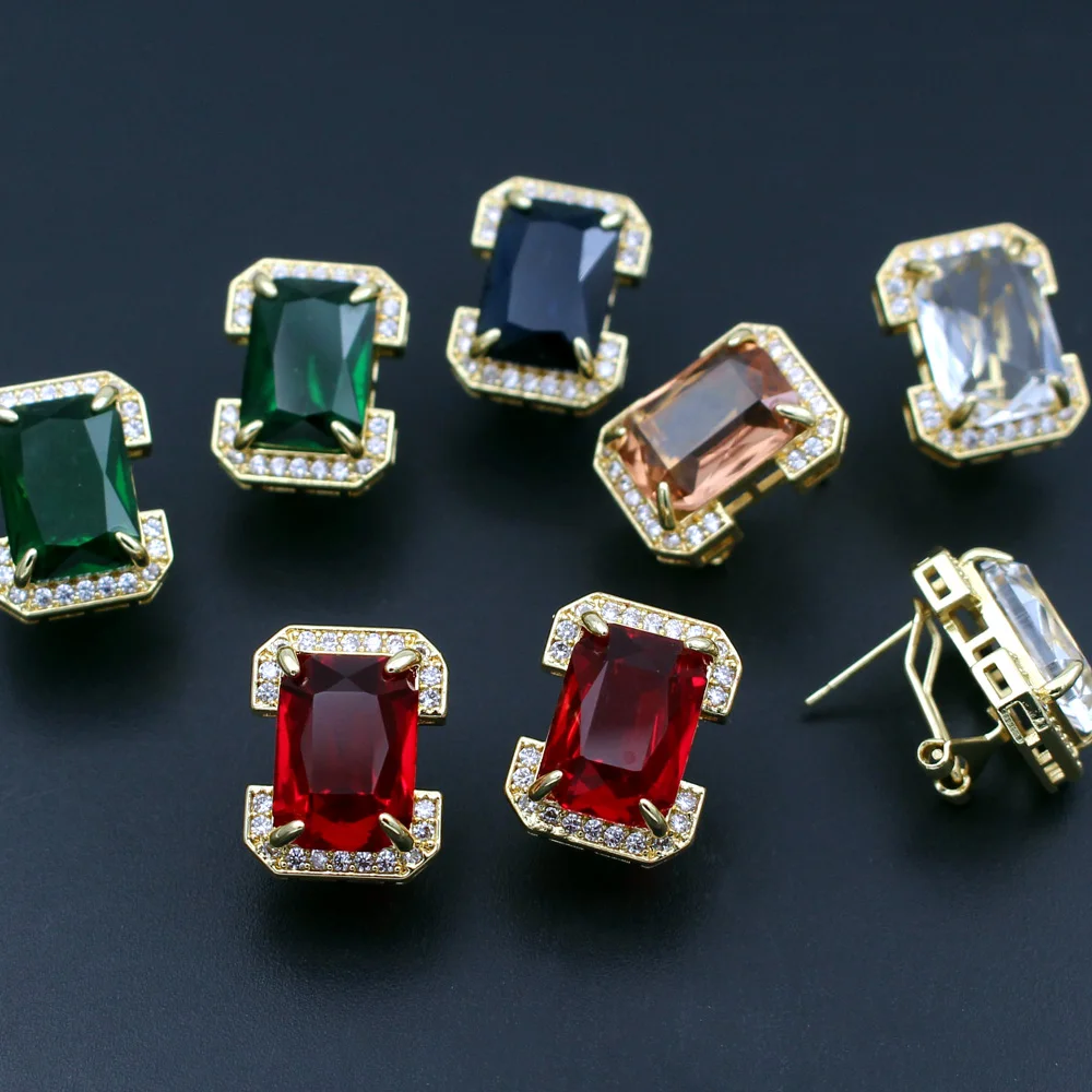 6pair Quality Colors Green Blue CZ Zircon Rectangle Earrings Post Silver Gold Plated Copper Studs For DIY Women Bridal Earrings