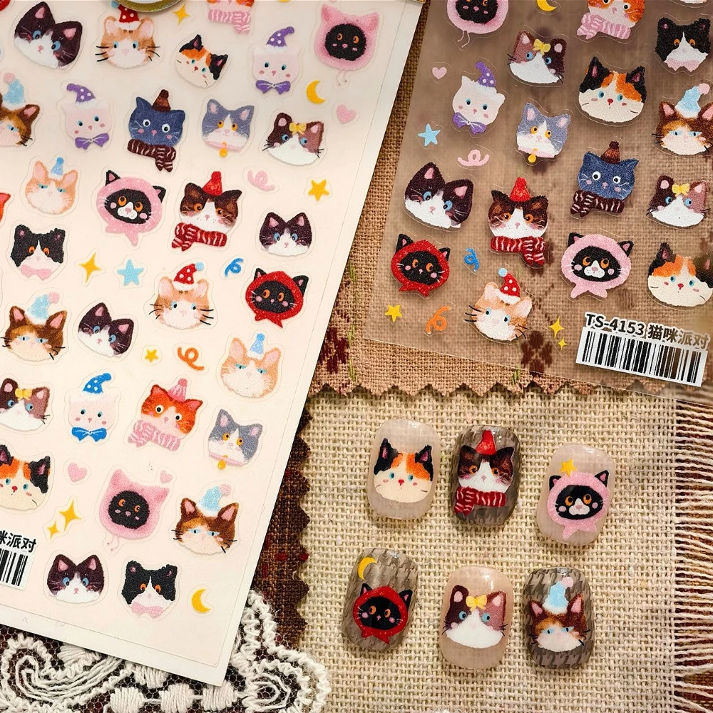 

Cartoon Hat Scarf Bowknot Cat Stars Moon Cute 3D Self Adhesive Nail Art Stickers Lovely Kitten Puppy Rabbit Manicure Decals
