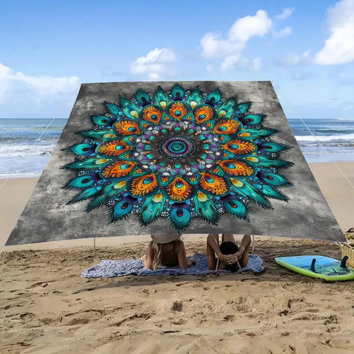 Vintage Bohemian Mandala Print Camping Tent, Large Sun Shelter Waterproof Tarp Boho Decor Beach Canopy for Picnic Backyard Party